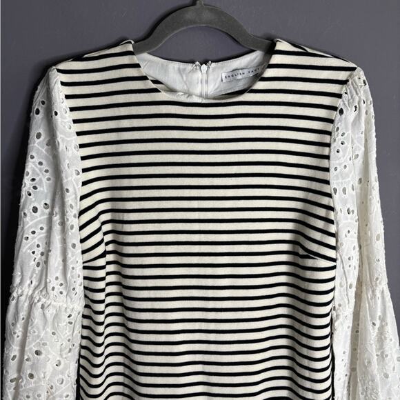 English Factory Navy Blue and White Striped Sheath Dress With Eyelet Sleeves Sm - Picture 2 of 6